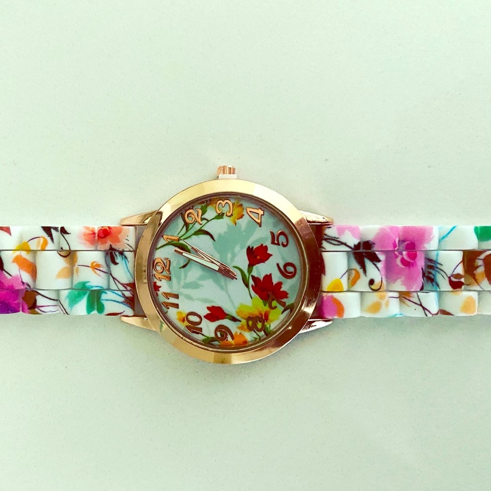 New Multi colored floral watch with silicone band